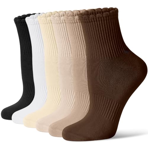 CS CELERSPORT Women's Mini Crew Ankle Socks with Scalloped Top,Pack of 6 - color: Brown, size: Medium