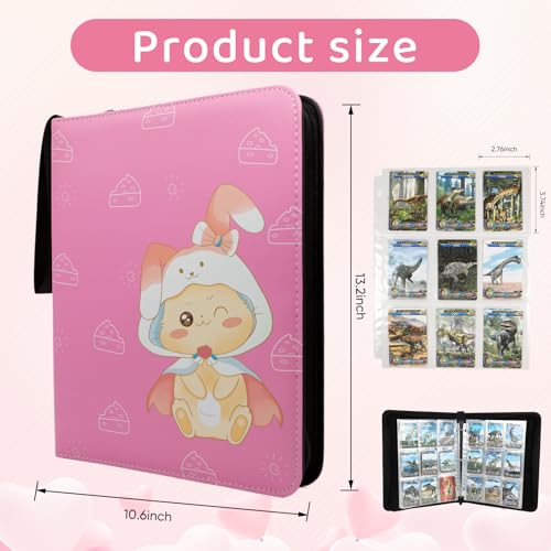 9 Pocket Card Binder - Premium Zip Trading Card Binder - 900 Double Sided Pocket PU Collection Binder - Gift for Girls (Pink Kitten 9-Pocket)