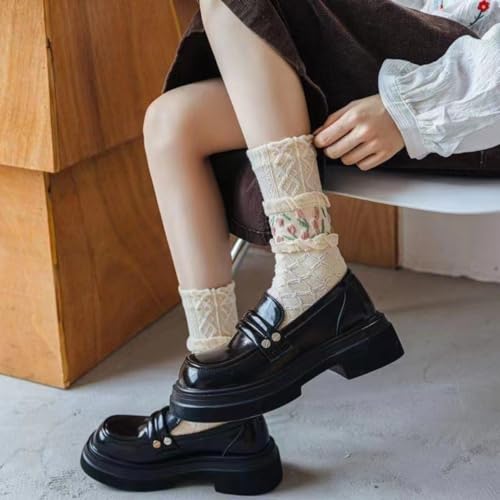 4 Pairs tulip Cute Socks, Women's Lace Ruffles Ankle Casual Sock, Cottagecore Breathable Mid Tube Socks, Floral Crew Socks
