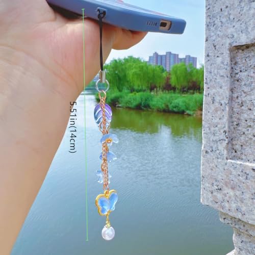 Phone Charms with Lily of the Valley & Butterfly Aesthetic Y2K Cell Phone Charms Strap Accessories for Bag Keychain Airpods Camera Pendants Decor for Women - color: Blue- Sakura