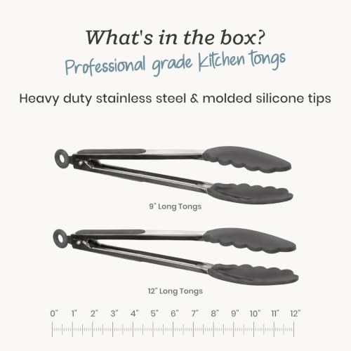 Starpack Get a Grip Silicone Kitchen Tongs (2-Pack, 9" + 12") - LFGB Non Toxic, 600°F Heat Resistant, BPA-Free - Heavy-Duty Stainless Steel, Locking - Dishwasher Safe for Nonstick Cookware - color: Gray/Black, size: Set of 2 (9" & 12")