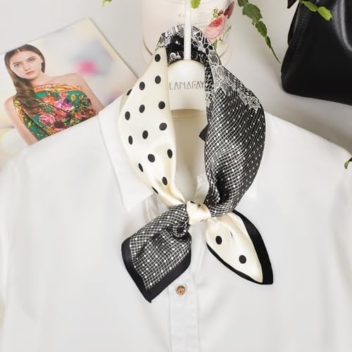 Women 100% Mulberry Silk Neck Scarf 21" Square Floral Neckerchief - color: White Lace Polka Dot