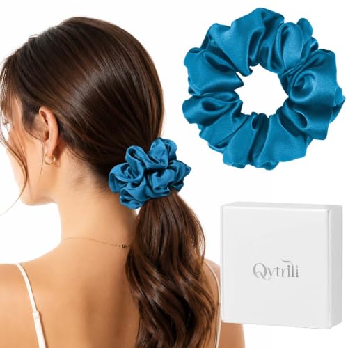 Silk Scrunchie 1.4" Medium Wide 6A 22 Momme 100% Mulberry Silk Hair Ties,Gentle on Hair No Damage No Crease for Women Girls Curly Thick Wavy Hair,Sample Fabric Provided (1, Peacock Blue) - color: Peacock Blue