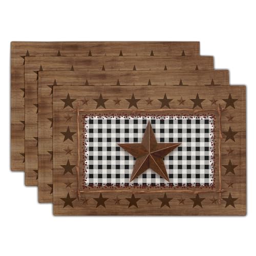 Western Texas Star Placemats for Dining Table Set of 4，Buffalo Plaid Country Wooden Plank Table Mats 18 x12 Inch Non-Slip Dining Table Place Mats for Party Kitchen Indoor Decor - color: Brown Western Texas Star