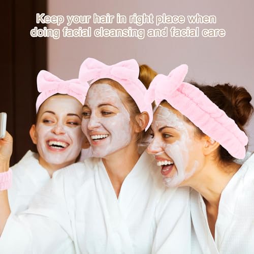 CIEHER 12 PCS Pink Makeup Headband for Women Wrist Washband Scrunchies Cuffs for Washing Face, Soft Bow Hair Band Matching Wristbands, Spa Headband Coral Fleece - color: Pink