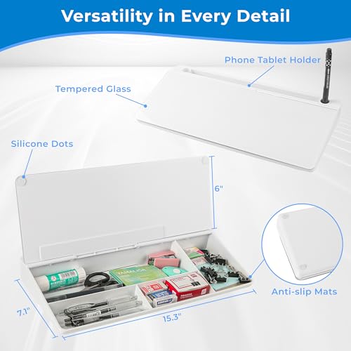 Small Desktop Glass Dry Erase whiteboard Organizer with Storage 16 X 7 inches, White