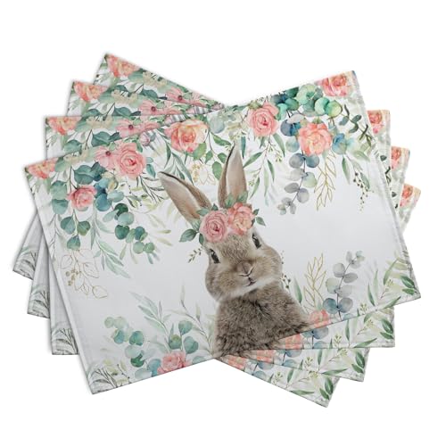Easter Bunny Placemats Set of 4 Eucalyptus Leaves Rabbit Rose Place Mats 12x18 Inch Spring Seasonal Vintage Farmhouse Heat Resistant Washable Table Mats for Party Kitchen Dining - color: Easter Leaves