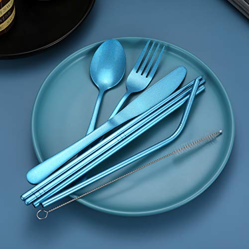 Portable Stainless Steel Flatware Set, Travel Camping Cutlery Set, Portable Utensil Travel Silverware Dinnerware Set with a Waterproof Case (Light Blue) - color: Light Blue