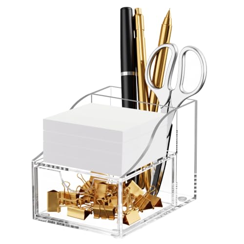 HBlife Acrylic Pen Holder for Desk, 3-Compartment Small Desk Organizer with Drawer, Clear Office Supplies Desk Accessories with Sticky Notes Holder Stores Post It Notes 3X3 for Office, Home and School - color: Clear, size: 3.46”x 4.57” x 3.46”