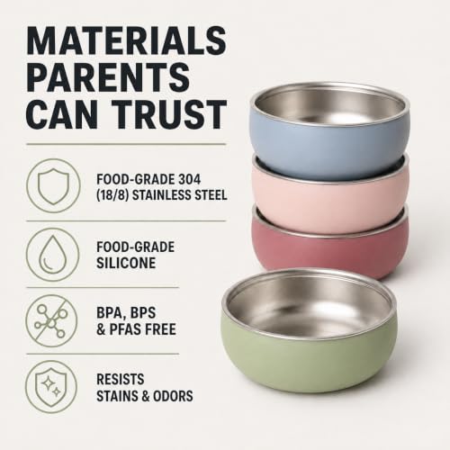 Monkey Proof™ Non-Toxic Stainless Steel Child Bowl 5” with Non-Slip Silicone Shell, Multi-color, (Set of 4 bowls) Unbreakable, Mess Free Feeding for Babies, Toddlers, Kids, BPA free - color: Multicolor