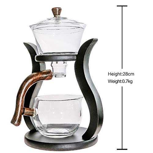 RORA Glass Teapot Set Semi Automatic Drip Rotating with Infuser Lazy Kungfu Tea pot Set (Bamboo) - color: Wooden, size: teapot
