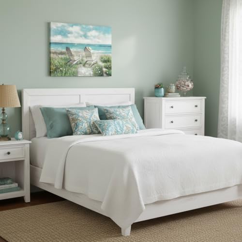Beach Canvas Wall Art Picture: Ocean Sea Painting Decor Coastal Chair Seaside Grass Artwork Wave Seascape Scene Print for Bathroom Bedroom - color: Beach Chair, size: 24"L x 18"W