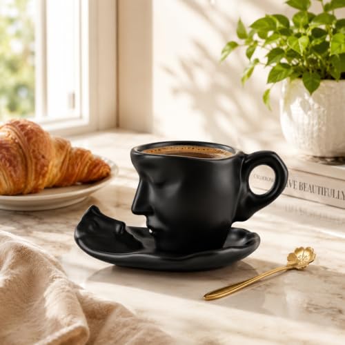 Tea Cup and Saucer Set Ceramic Kissing Couple Coffee Mug Set With Spoon Face Coffee Cup Unique Teacup and Saucer Valentine's Day Christmas Creative Gift - color: Black