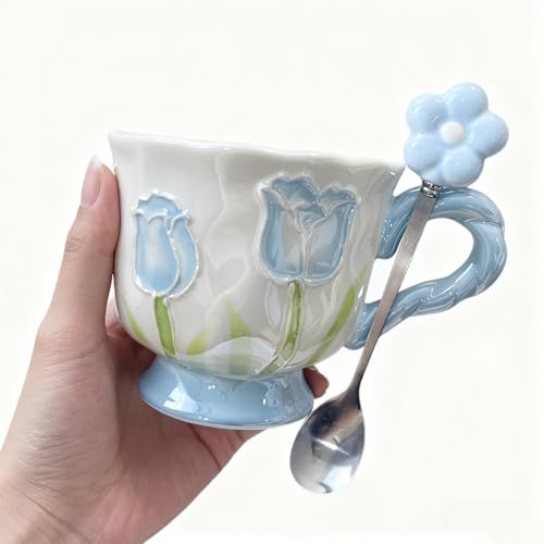 Ceramic Coffee Mug 14oz/410ml Blue Cute Flower with Spoon - color: Pearlescent Blue, size: Large