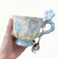 Ceramic Coffee Mug 14oz/410ml Blue Cute Flower with Spoon - color: Pearlescent Blue, size: Large