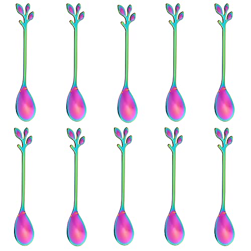 AnSaw Elegant Rainbow Leaf Coffee Spoons - 10-Piece, 4.7" Mini Spoon - color: Rainbow
