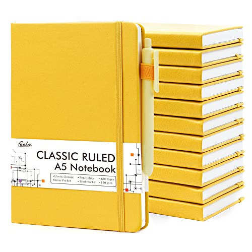 12 Pack Notebooks Journals Bulk with 12 Black Pens, Feela A5 Hardcover Notebook Classic Ruled Journal Set with Pen Holder for School Business Work Travel Writing, 120 GSM, 5.1”x8.3”, Yellow - color: 12 Pack yellow