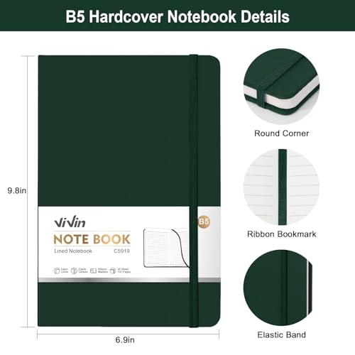 ViVin B5 Hardcover Lined Notebook,6.9x9.8 192 pg College Ruled Leather - color: Dark Green, size: B5