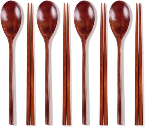 Wooden Chopsticks Spoon Set Korean Dinnerware Reusable Long Handle Spoons Chopsticks for Home Kitchen Restaurant (4 Sets)