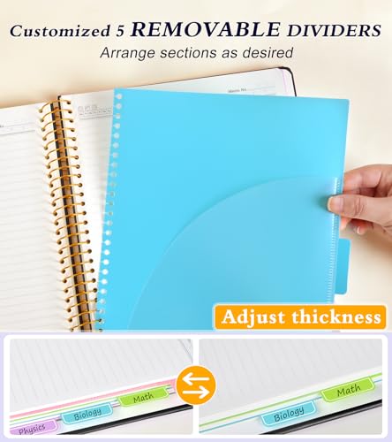 5 Subject Notebook College Ruled with Removable Pocket Dividers Tabs, 240 Pages Spiral Notebook 8.5 x 11, Lined Journal Notebook for Women , Hardcover Notebooks for Work School Note taking A4 Black - color: Black, size: A4