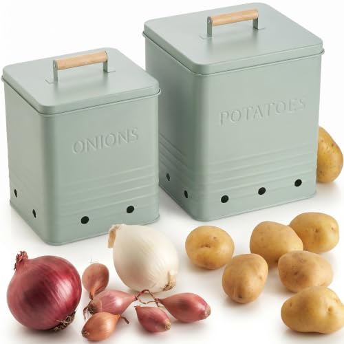 Beautiful Potato and Onion Storage Container Set - Food Safe Metal Bins - color: Sage