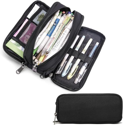 Large Capacity Pencil Case, Aesthetic Pencil Pouch with 3 Compartments - color: 01-3BK