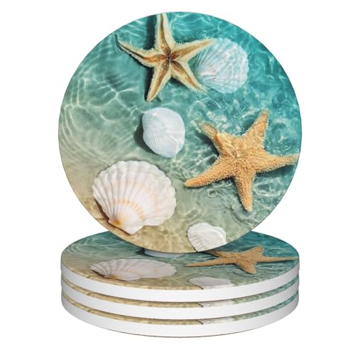 Coasters for Drinks,Starfish and Seashell On Beach Absorbent Coaster Set of 4 with Cork Base,Ceramic Drink Coasters for Cold Drinks Wine Glasses Cups Mugs,Housewarming Gifts for Home Decor - color: Starfish and Seashell on Beach