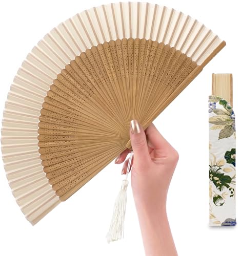 Japanese Folding Hand Fan for Women - Bamboo Silk Handheld Foldable Fan with Tassel & Pouch for Hot Flashes, Rave, Church, Gift,Wedding - Whisper-Quiet, Purse Size (Bamboo White) - color: Bamboo White