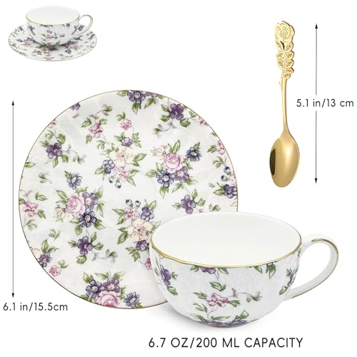 Tea Cups and Saucers, 6.7 OZ Floral bone china Coffee Cup Set with Spoon, Vintage Garden Teacups with Gold Trim, Tea Cups in a Reusable Handmade Gift Box with Ribbon elegant design ﻿ (Purple Anemone) - color: Purple Anemone