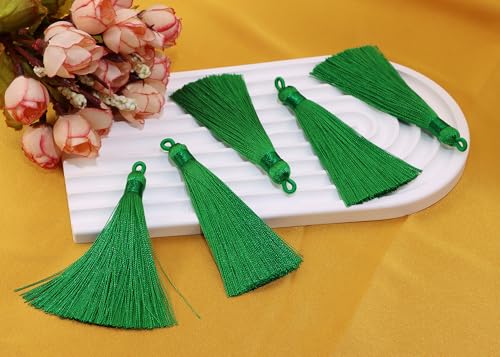 Tupalizy 10PCS Handmade Soft Silky Tassels with Hanging Loop for Bookmarks Keychains Earring Bracelets Jewelry Making Souvenir Graduation Clothing Sewing Gift Tag Art DIY Craft Projects (Green) - color: Green