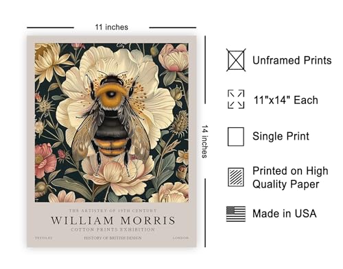 Poster Master William Morris Poster - Bumble Bee Print - Flower Art - Botanical Art - Exhibition Illustration - Animal Illustration - Floral Painting - Bee Artwork - Aesthetic Office or Bedroom Decor - 11x14 UNFRAMED Wall Decor - color: Style-05, size: 11