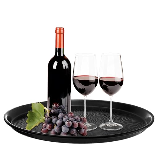 Hacaroa 4 Pack Round Restaurant Serving Tray, 14 Inch Black Plastic Server Tray Non-Slip Food Serving Platter for Drinks, Bar, Cafeteria, Hotel, Coffee Table, Raised Edges
