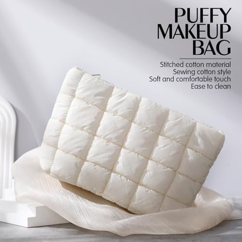 Hillban White Puffy Quilted Makeup Bag for Women Cosmetic Bag Gift, Classic - color: White, size: Classic