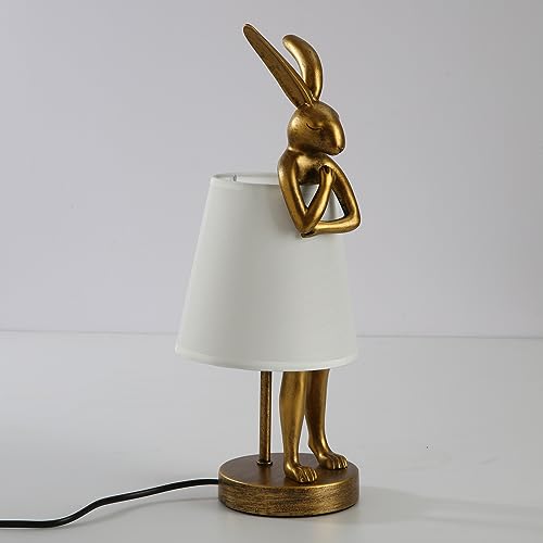 NorDiem LED Bunny Table Lamp, Resin Animal Rabbit Desk Light with Linen Shade, 15.7 Inch Decorative Lamp for Bedroom, Office & Kids Room (15.7" White Shade) - color: 15.7" White Shade