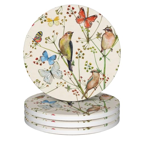 Coasters for Drinks,Vintage Birds and Butterflies Absorbent Coaster Set of 4 with Cork Base,Ceramic Drink Coasters for Cold Drinks Wine Glasses Cups Mugs,Housewarming Gifts for Home Decor - color: Birds and Butterflies