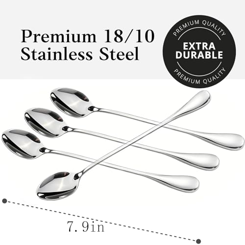 Long Handle Iced Tea Spoons, 7.9" 18/10 Stainless Steel Cocktail Stirring Spoons with Thickened Ergonomic Handle, Tall Coffee & Latte Stirrers, Dessert Spoon Set, Dishwasher Safe 8-Piece - color: Silver 7.5 IN, size: pointed