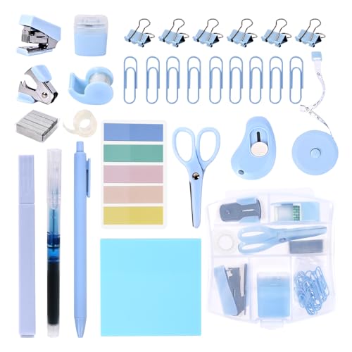 Mini Office Supply Kit, Blue Stapler with Staples and Tape Dispenser Set, Mini Stationary Kit Includes Sticky Notes Index Tabs Highlighters Gel Pens for Office & School (Blue) - color: Blue