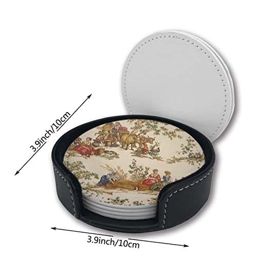 Vintage French Country Print Coasters for Drinks with Holder Leather Coasters Set of 6 Table Decor Protect Furniture from Water Marks Scratch and Damage - color: Black4