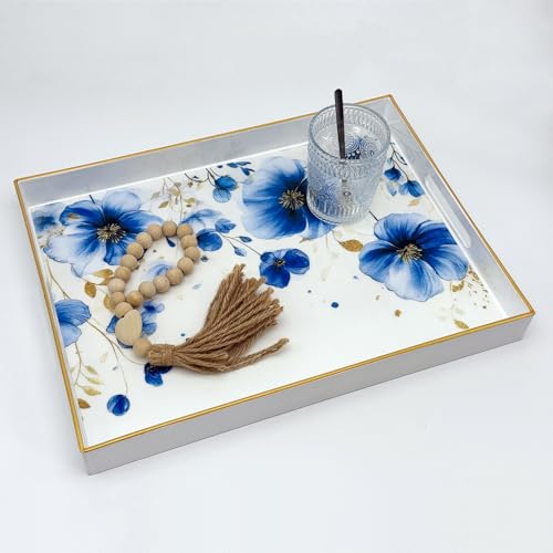 Serving Tray with Handles, 15.7 * 11.8 inches, Plastic Ottoman Tray with Exquisite Paintings, Trays for Coffee Table - color: Charm Blue