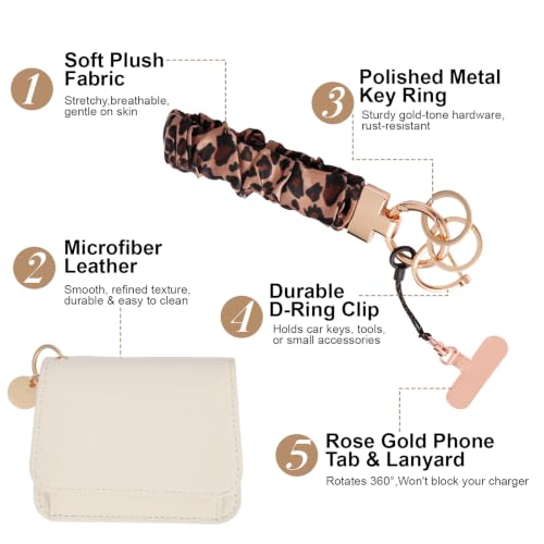 Scrunchie Wristlet Keychain Gift Set for Women with Small RFID Wallet Keychain, Stretchy Key chain with Phone Tether Tab - color: Leopard Print