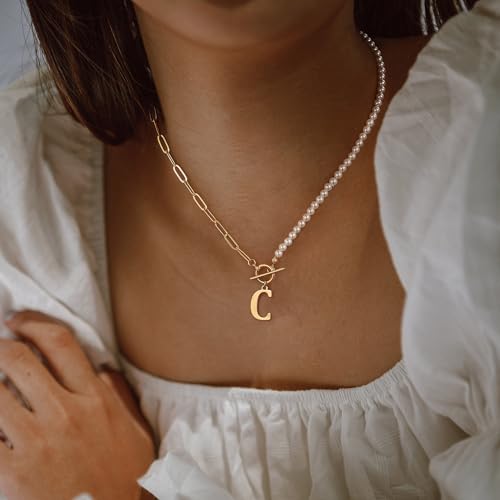 Yoosteel Pearl Initial Necklace for Women, Dainty Pearl Chain Choker Initial Necklaces for Women Toggle Clasp Paperclip Link Chain Necklace Jewelry Gifts - color: Gold, style: C