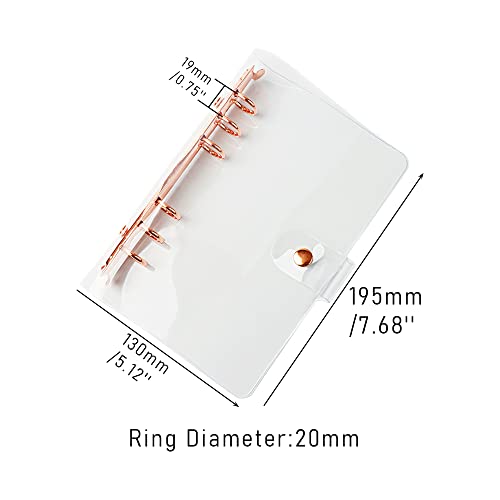 Personal A6 Transparent PVC Binder Cover Clear Soft PVC Notebook Shell 6 Rose Gold Ring Protector with Snap Button Closure Loose Leaf Folders (Personal A6, Clear Cover + Rose Gold Binder) - color: Clear Cover + Rose Gold Binder, size: Personal A6
