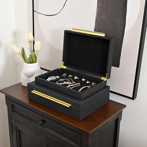 DECOR4SEASON Faux Shagreen Leather Jewelry Boxes Set of 2 with Gold Handles - color: Black, size: M
