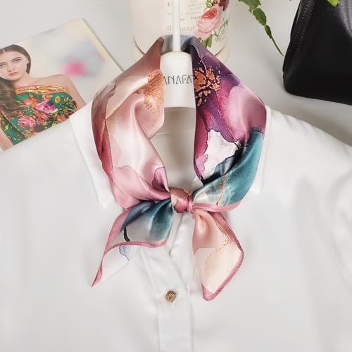 Women 100% Mulberry Silk Neck Scarf 21" Square Floral Neckerchief - color: Pink Floral