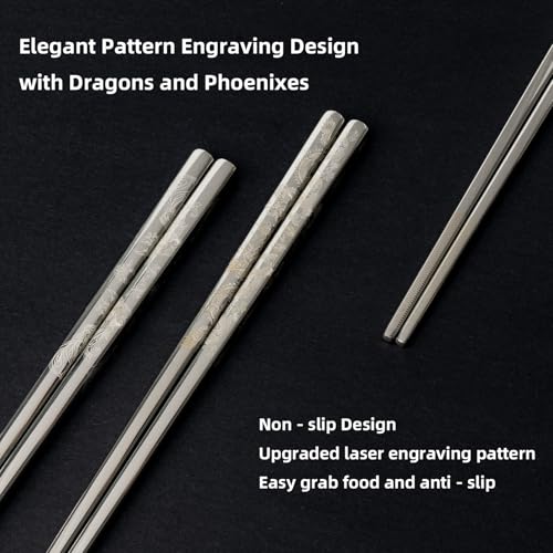 Black Dragon & Phoenix Reusable Stainless Steel Chopsticks 2 Pairs - size: Stainless Steel