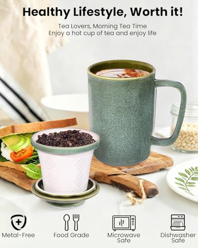Ceramic Tea Mug with Infuser and Lid,16oz Porcelain Loose Leaf Tea Cup with Large Handle,Metal-Free Filter,Microwave &Dishwasher Safe,Perfect for Tea,Coffee (Sage Green) - color: Sage Green
