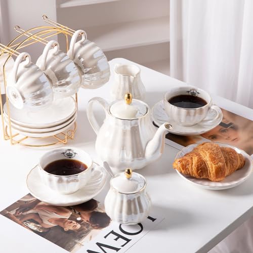 Sweejar Home Porcelain Tea Sets British Royal Series, 8 OZ Cups& Saucer Service for 6, with Teapot Sugar Bowl Cream Pitcher Teaspoons and tea strainer for Tea/Coffee (Coral White) - color: Coral White
