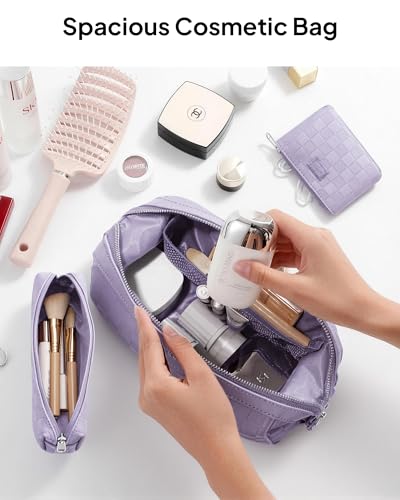 TOPEAST Travel Makeup Bag Cosmetic Bags for Women, 3 Pcs Set Make Up Toiletry Bag with Removable Zip Pouch, Waterproof Leather Makeup Brush Organizer for Travel Essentials, Purple - color: Purple