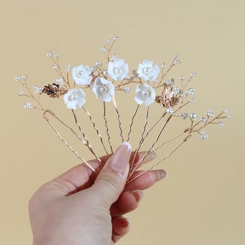 Handmade Pearl Bridal Wedding Hair Pins 6Pcs White Ceramic Flowers Gold Leaf Pearls Clips Wedding Hair Accessories for Women Brides Bridesmaid (Gold) - color: Gold
