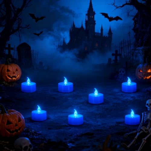 KOABY 24 Pack Blue Light Flameless Tea Lights, Blue Base, Last 100H - color: Blue Light, Blue Base, size: 24 Pack